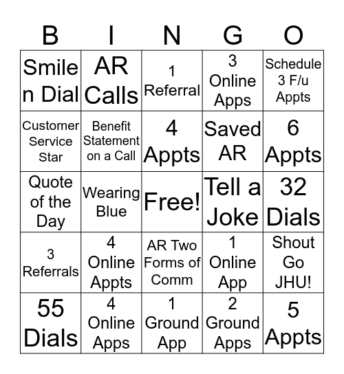 Daily JHU Bingo Card