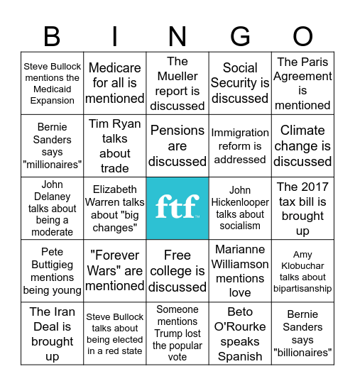 Democratic Primary Debate Night One Bingo Card