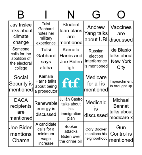 Democratic Debate Night 2 Bingo Card