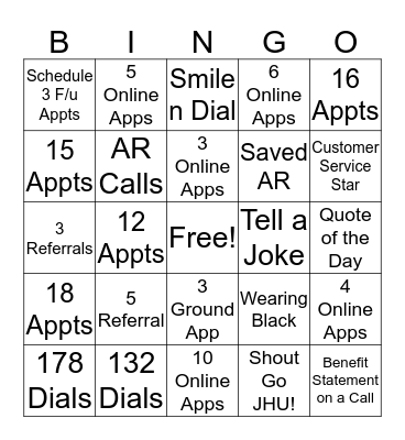 Weekly JHU Bingo Card
