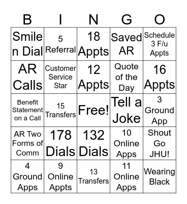 Weekly JHU Bingo Card