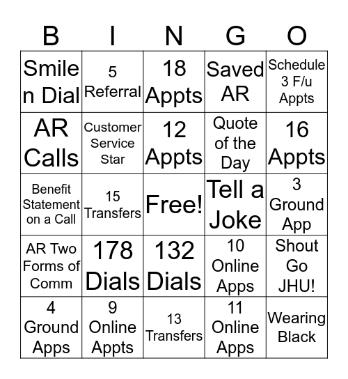 Weekly JHU Bingo Card