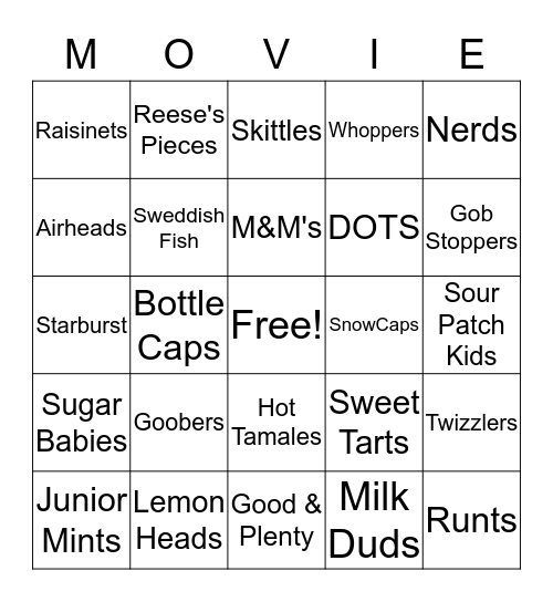 Movie Candy Bingo Card