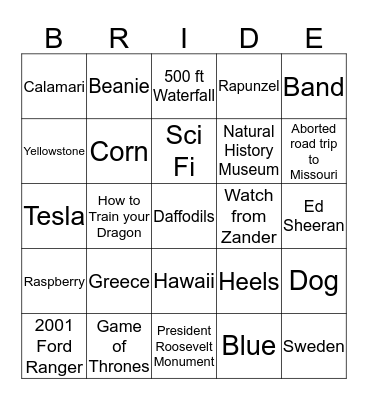 Samantha's Bridal Shower Game Bingo Card