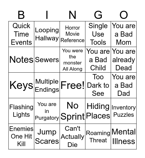 Horror Game Bingo Card