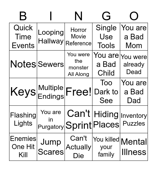 Horror Game Bingo Card