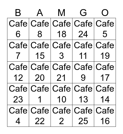 Cafe BAMGO Bingo Card