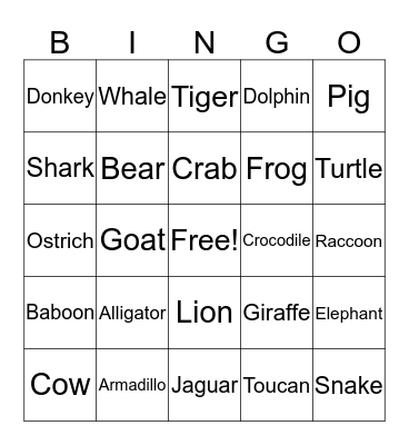 Animal Bingo Card