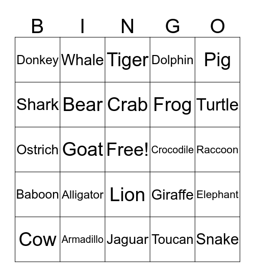 Animal Bingo Card