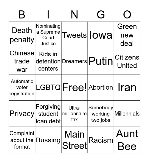 DEMOCRATIC DEBATE BINGO! Bingo Card