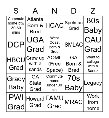 DST Sandz Bingo Card