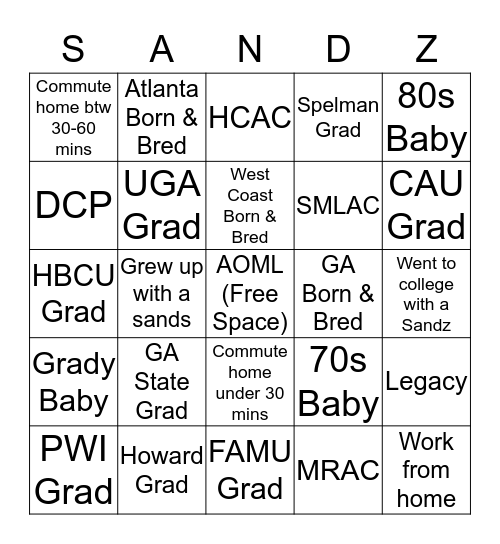 DST Sandz Bingo Card