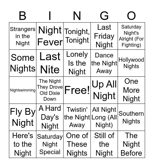 Night Songs Bingo Card