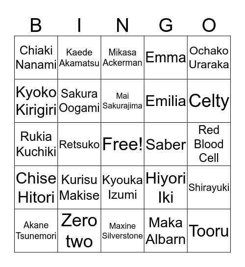 Favorite Anime Ladies Bingo Card