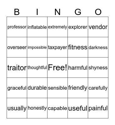 Lesson 6 Suffixes Bingo Card