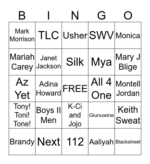 R&B Bingo Card