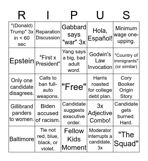 Democratic Presidential Primary Debates Bingo Card