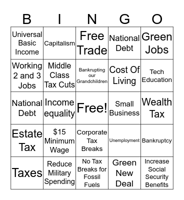 Dems Debate Economy 2019 Bingo Card