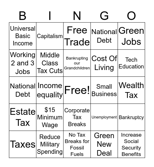 Dems Debate Economy 2019 Bingo Card