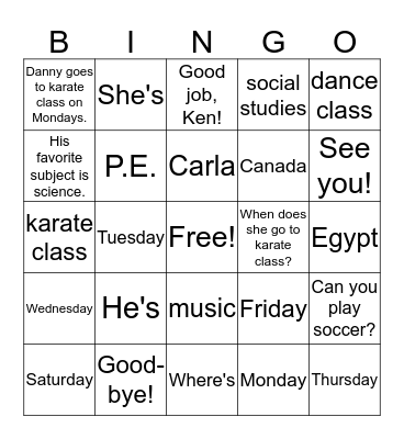 Lesson 8  Bingo Card