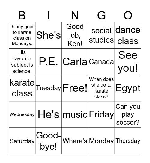 Lesson 8  Bingo Card
