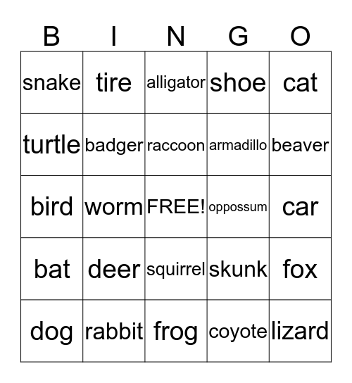 RoadKill Bingo Card