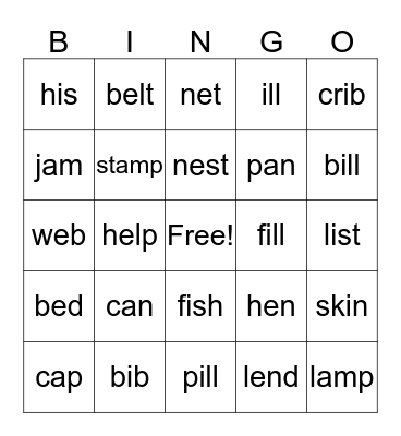 Short Vowel Words (a,e,i) Bingo Card