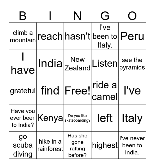 World Travel Bingo Card