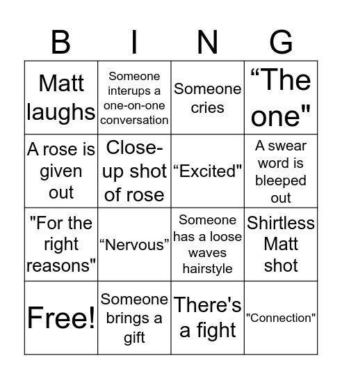 Bachelor Bingo Card