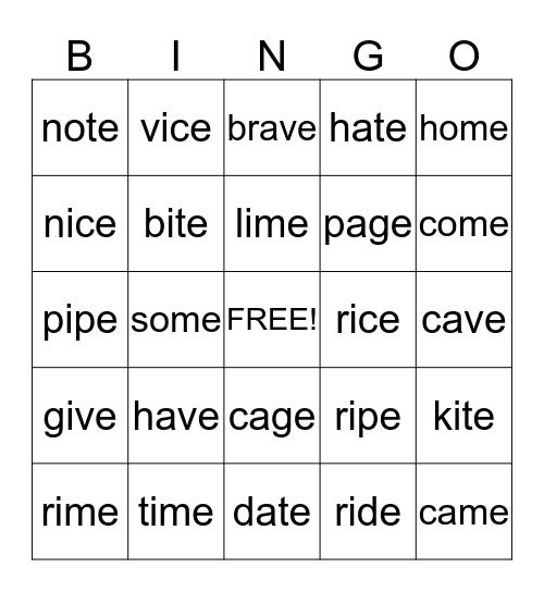 Silent E BINGO Card