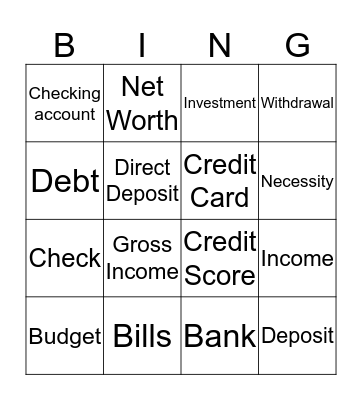 Money Management Bingo Card