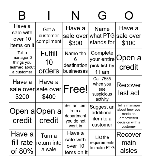 PTG Bingo Card