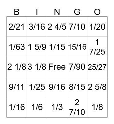 Fraction Bingo Card