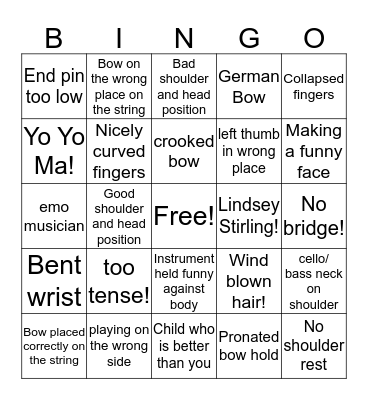 Posture and Position Bingo Card