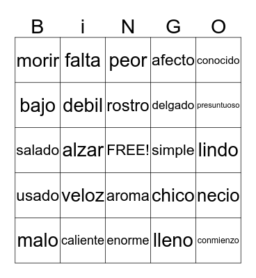 Loteria con los sinónimos Bingo Card