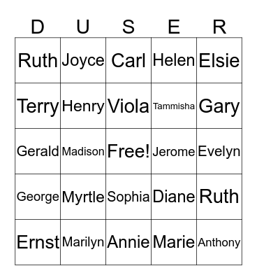 Duser Family Reunion 2019 Bingo Card