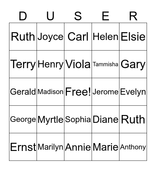 Duser Family Reunion 2019 Bingo Card