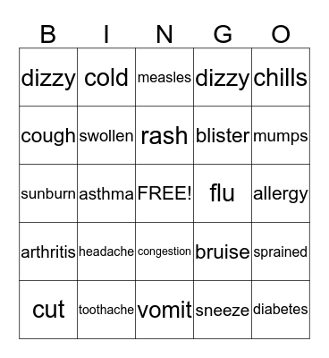 Symptom Bingo Card