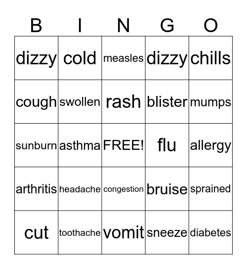 Symptom Bingo Card