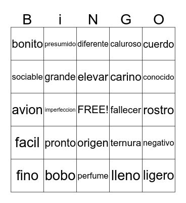 Loteria con los sinónimos Bingo Card