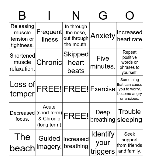 Stress and Stress Reduction Bingo Card