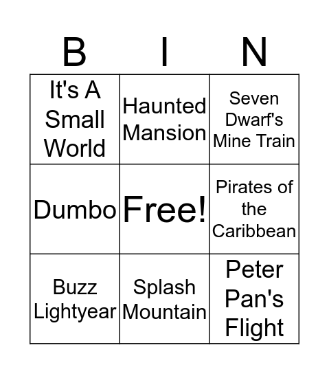 Magic Kingdom  Bingo Card