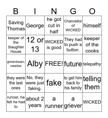 Bingo- The Maze Runner Addition Bingo Card
