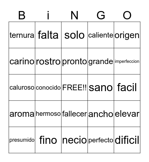 Loteria con los sinónimos Bingo Card