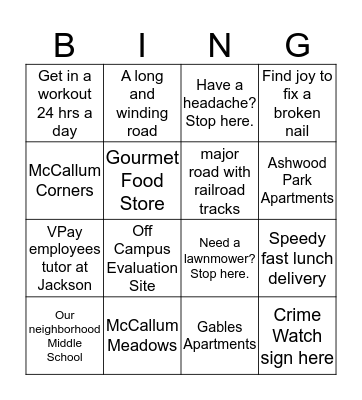 Jackson Zone Bingo Card