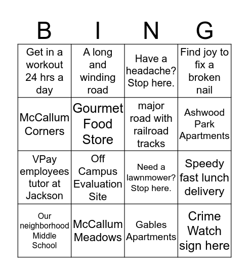 Jackson Zone Bingo Card