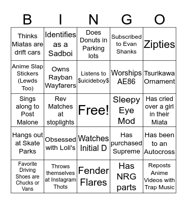 Miata Owner Bingo Card