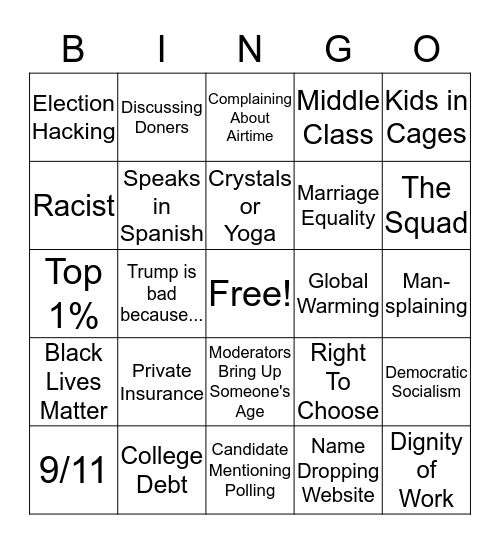 2nd 2020 Democratic Debate Bingo Card