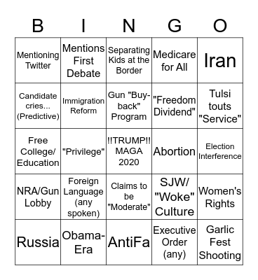 Democratic Debates Night #2 Bingo Card