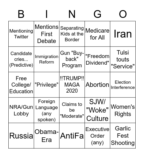 Democratic Debates Night #2 Bingo Card